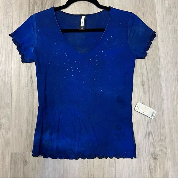 NWT vintage y2k forever 21 v neck top in stretch mesh with blue rhinestones sz L - Picture 5 of 12